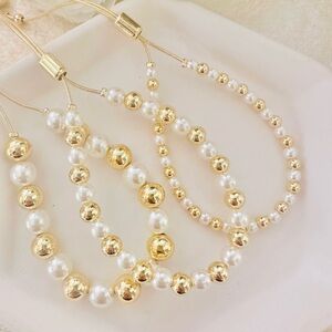 Dainty Pearl and Gold Ball Beaded Adjustable Bracelet